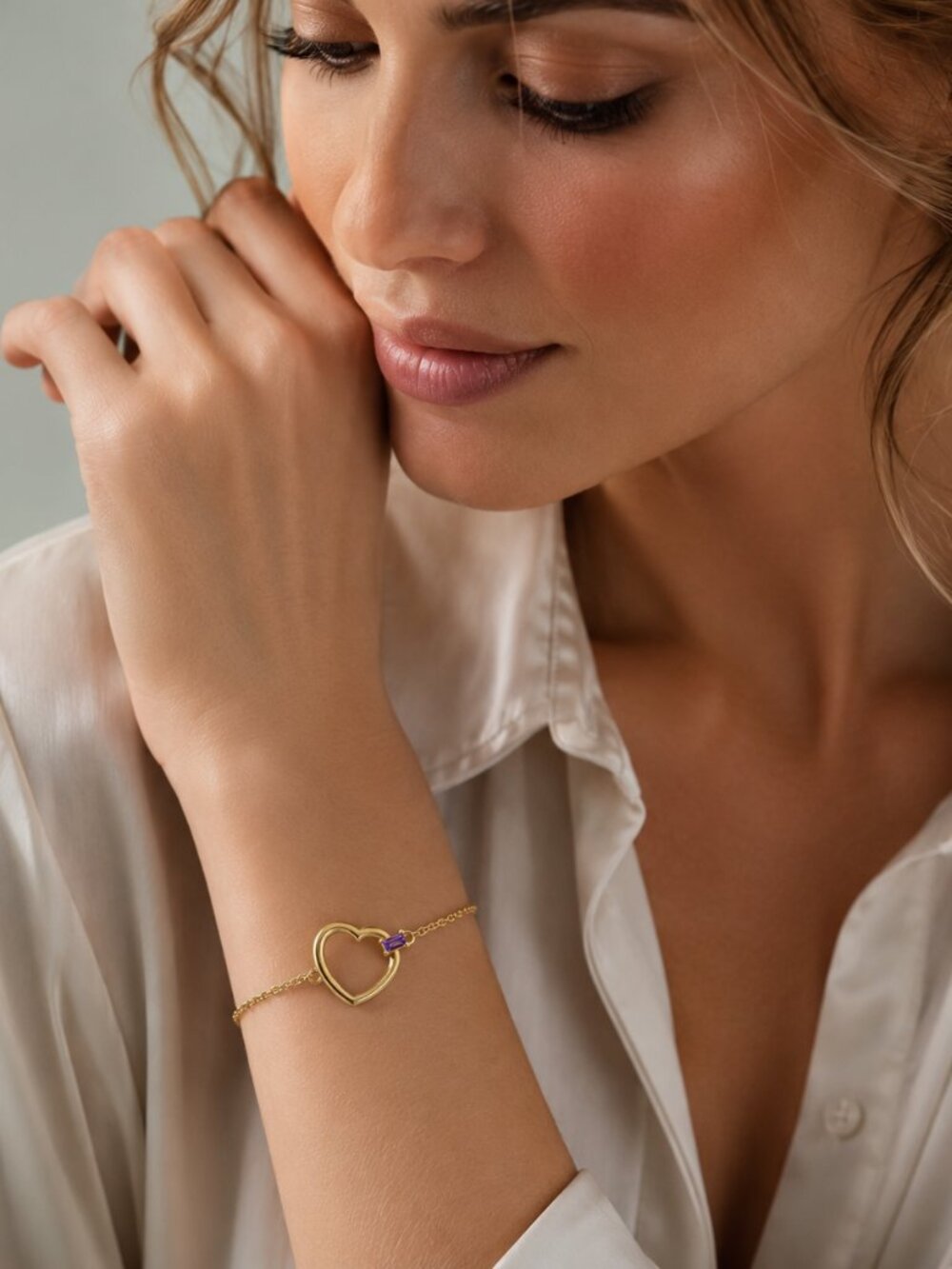 14K Gold Amethyst Baguette Heart Bracelet